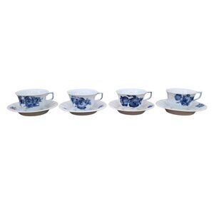 Royal Copenhagen Denmark Set of 4 Blue Flowers Ribbed Footed Cup + Saucer 8500